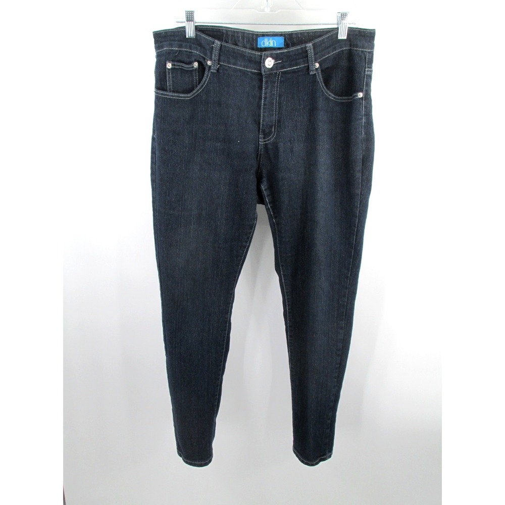DKIN Skinny Jeans Women 16W Dark Blue Denim Embroidered Flap Pockets Stretch